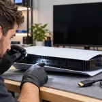 Technician inspecting a PlayStation 5 HDMI port during a PS5 no signal diagnosis