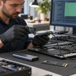 Technician examining an NVMe SSD for storage detection and data recovery diagnosis