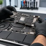 Technician inspecting a MacBook logic board during a water damage repair assessment